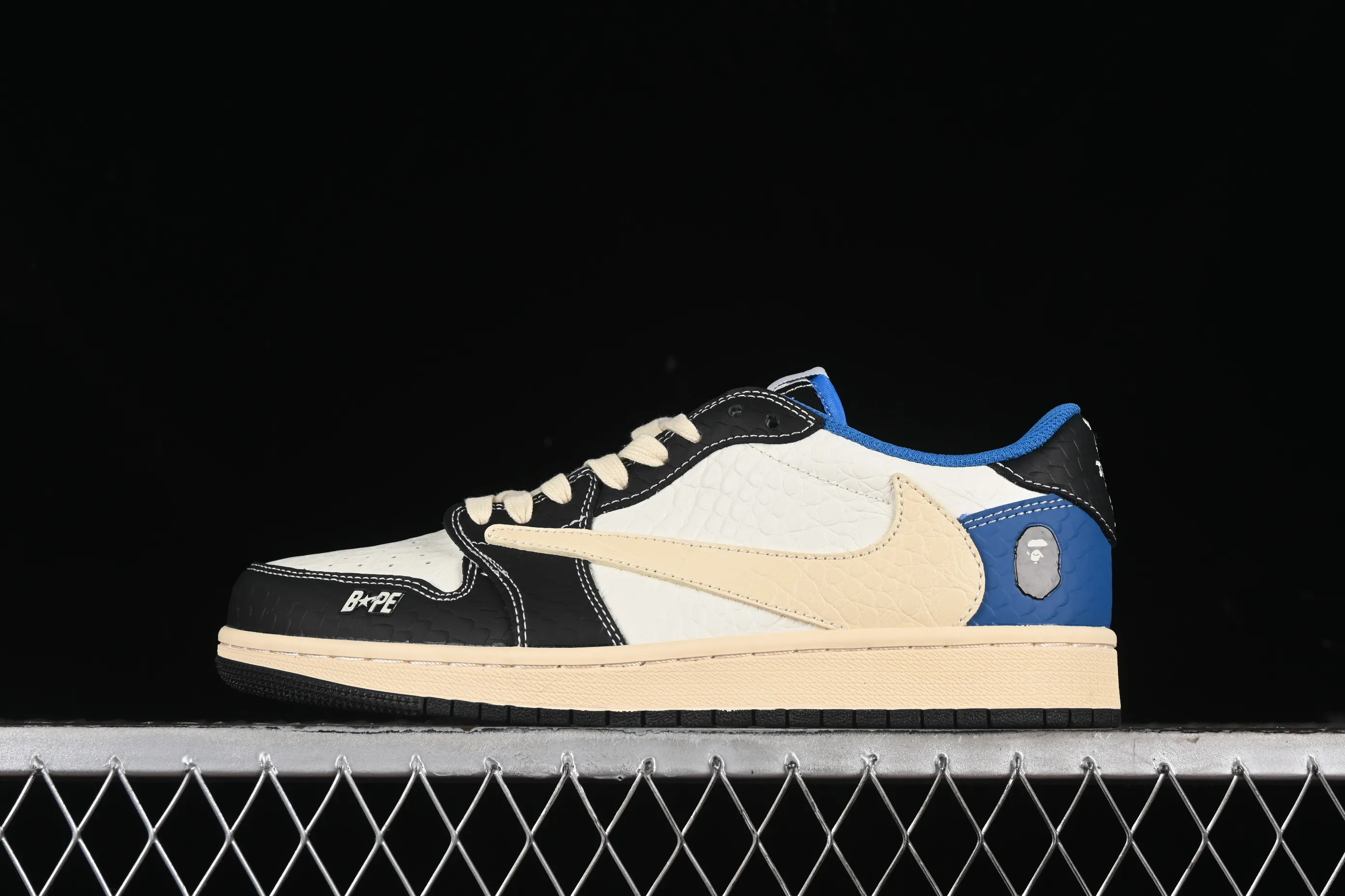 All categories Air Jordan Jordan series basketball shoes Air Jordan 1 Low High-end customized low-top sneakers Travis Scott x Fragment Design x Air Jordan 1 Low OG SP AJ1 Joe 1 Bape joint-crocodile skin black and white blue low-top cultural casual sneakers XZ2828-001